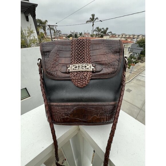 Brighton Handbags - Vintage Brighton Leather Alligator Embossed Black & Brown Shoulder Handbag